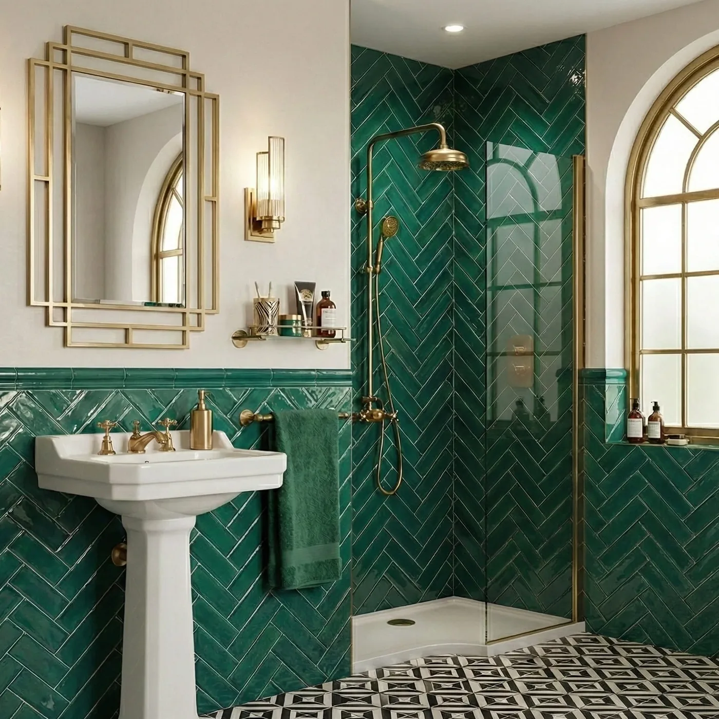 Green herringbone tile shower with brass fixtures